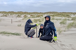 3 Freiwillige graben Pfahl aus